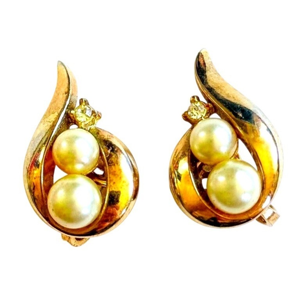 VTG Crown Trifari Earrings clip Gold pearl Crystal Rhinestone Jeweled Designer